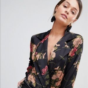 ASOS Parisian Floral Black Satin Blouse Bodysuit